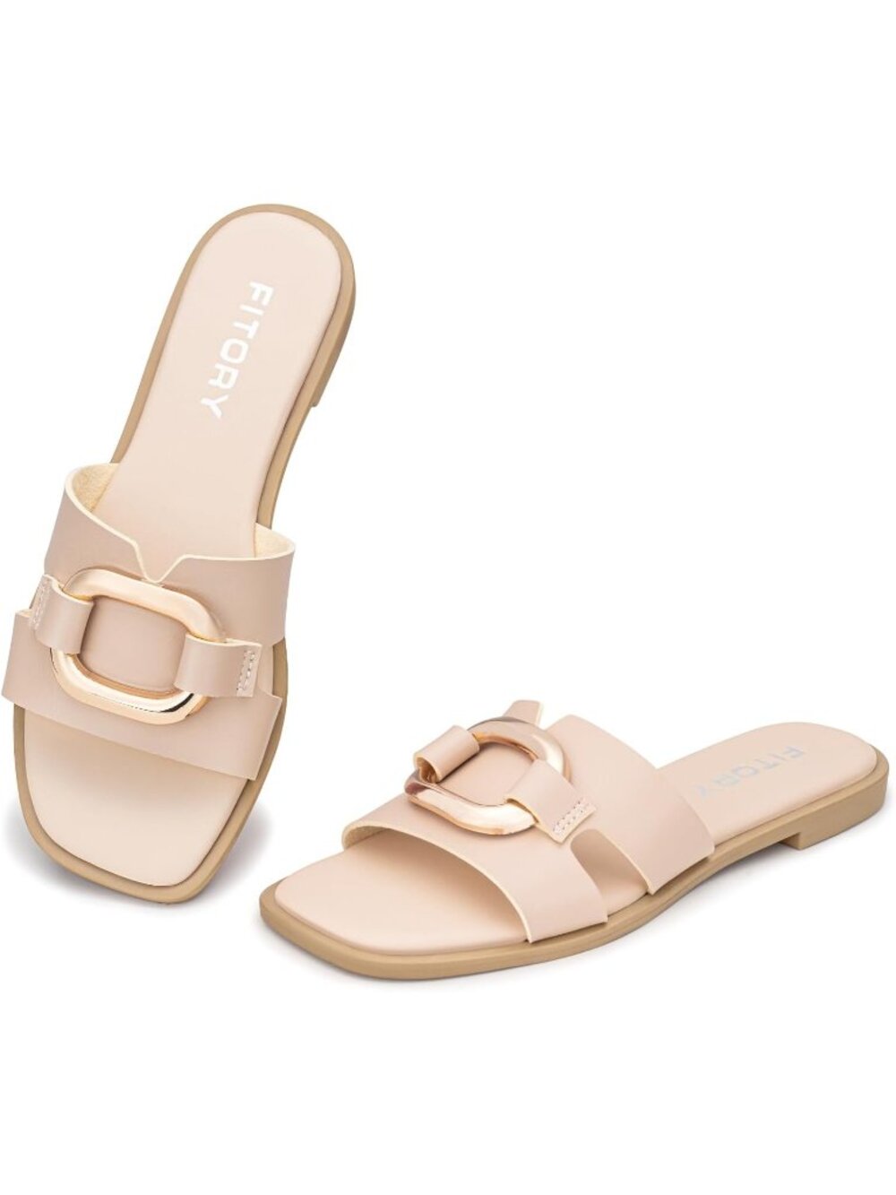 🆕Women's Beige Slide Sandals Flat Fashion Square Open Toe Cushion Slippers